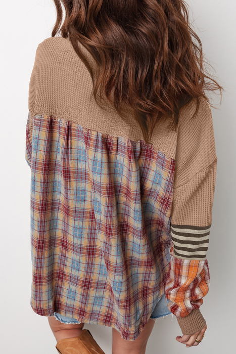 HIDDEN GEMS | Plaid Patchwork Waffle Knit Top