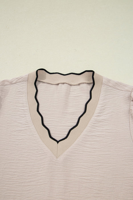 HIDDEN GEMS | Contrast Trim Scallop V-Neck Long Sleeve Blouse