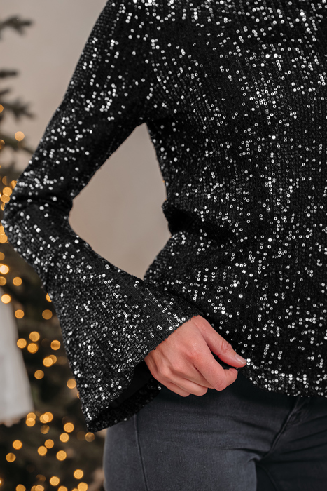 HIDDEN GEMS | Solid Sequin Backless Bell Sleeve Top