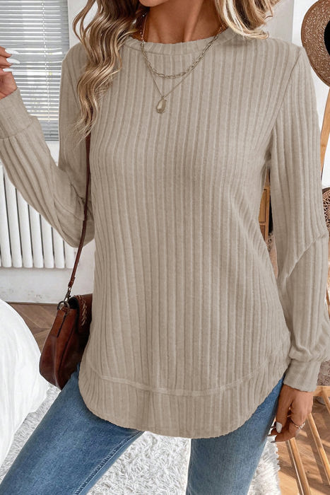 HIDDEN GEMS | Solid Ribbed Knit Textured Round Neck Top