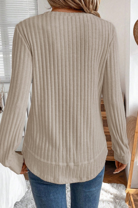 HIDDEN GEMS | Solid Ribbed Knit Textured Round Neck Top