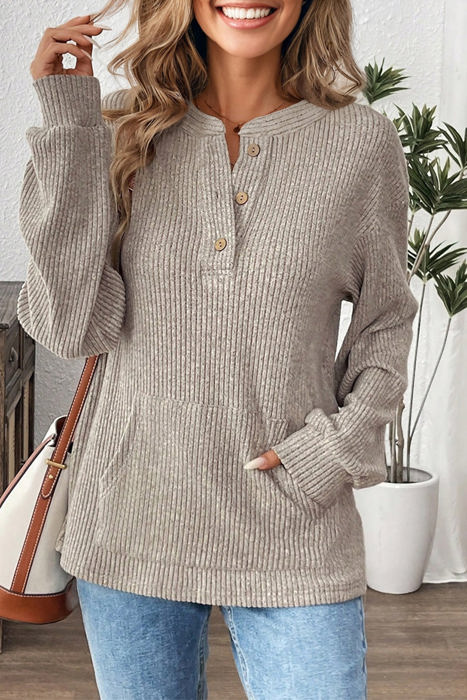 HIDDEN GEMS | Solid Ribbed Knit Drop Shoulder Henley Top