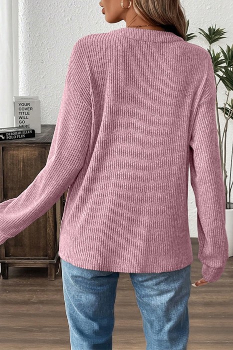 HIDDEN GEMS | Solid Ribbed Knit Drop Shoulder Henley Top