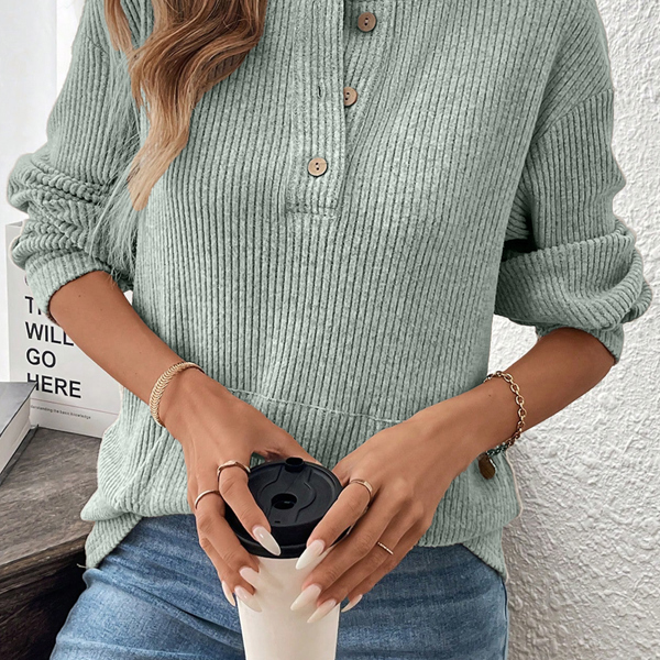 HIDDEN GEMS | Solid Ribbed Knit Drop Shoulder Henley Top