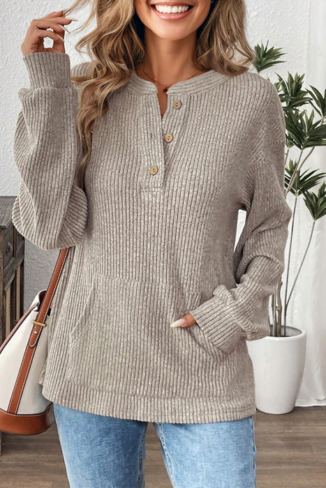 HIDDEN GEMS | Solid Ribbed Knit Drop Shoulder Henley Top