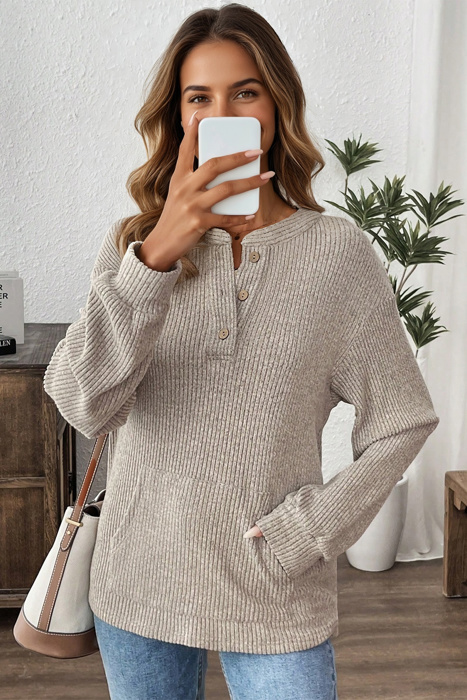HIDDEN GEMS | Solid Ribbed Knit Drop Shoulder Henley Top