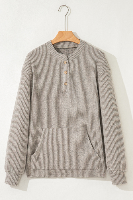 HIDDEN GEMS | Solid Ribbed Knit Drop Shoulder Henley Top