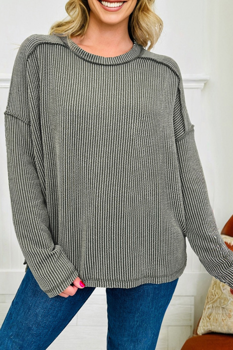 HIDDEN GEMS | Solid Corded Knit Long Sleeve Top