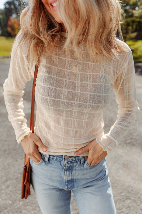 HIDDEN GEMS | Sheer Plaid Mesh Long Sleeve Top