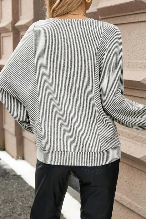 HIDDEN GEMS | Ribbed Knit Round Neck Lantern Sleeve Top