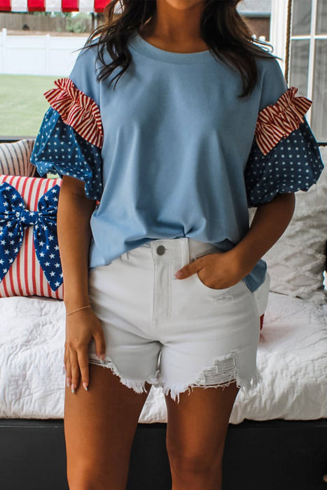 Stars & Stripe Ruffle Puff Sleeve Top