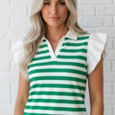  Preppy Paradise Stripe Ruffle Sleeve Blouse