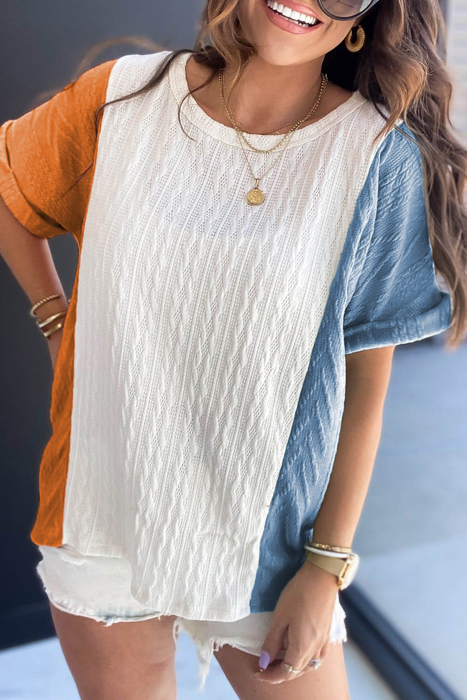 HIDDEN GEMS | Colorblock Textured Cuff Sleeve T-Shirt