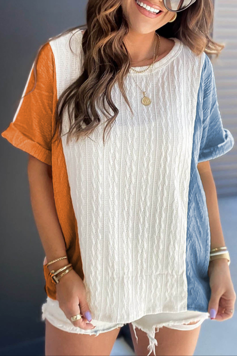 HIDDEN GEMS | Colorblock Textured Cuff Sleeve T-Shirt