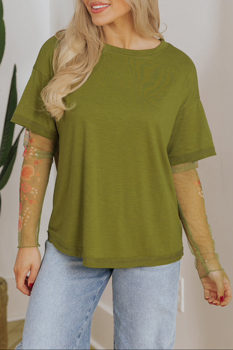 HIDDEN GEMS Floral Mesh Sleeve Tee