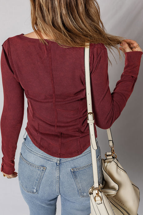 HIDDEN GEMS | Ribbed Buttoned Cuff Long Sleeve Top