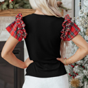  HIDDEN GEMS | Plaid Patchwork Pearl Ruffle Sleeve T-Shirt