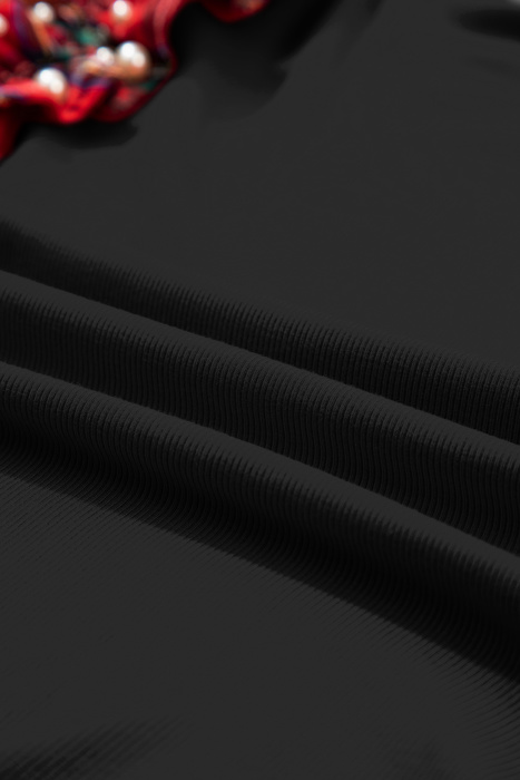 HIDDEN GEMS | Plaid Patchwork Pearl Ruffle Sleeve T-Shirt