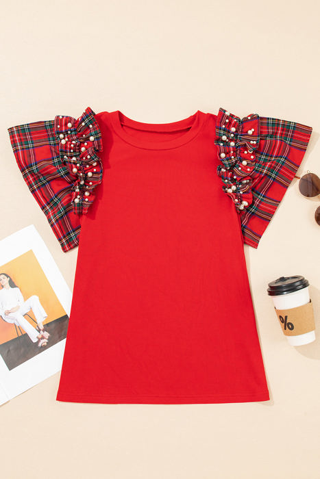 HIDDEN GEMS | Plaid Patchwork Pearl Ruffle Sleeve T-Shirt