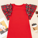  HIDDEN GEMS | Plaid Patchwork Pearl Ruffle Sleeve T-Shirt