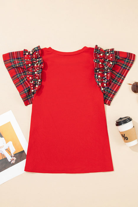 HIDDEN GEMS | Plaid Patchwork Pearl Ruffle Sleeve T-Shirt