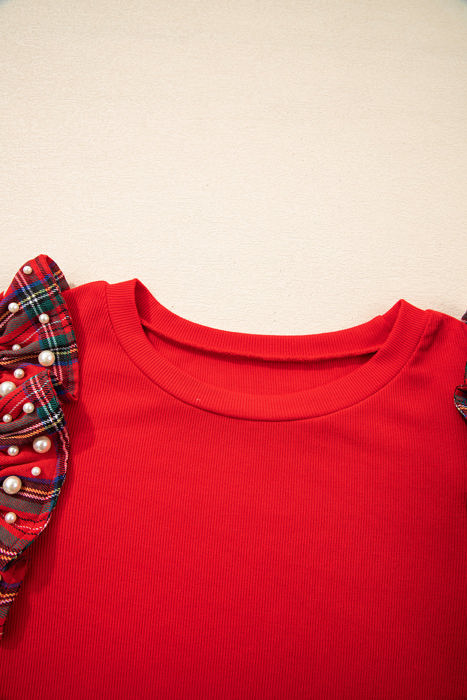 HIDDEN GEMS | Plaid Patchwork Pearl Ruffle Sleeve T-Shirt
