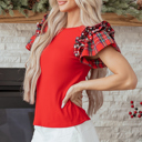  HIDDEN GEMS | Plaid Patchwork Pearl Ruffle Sleeve T-Shirt