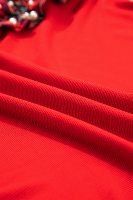 HIDDEN GEMS | Plaid Patchwork Pearl Ruffle Sleeve T-Shirt