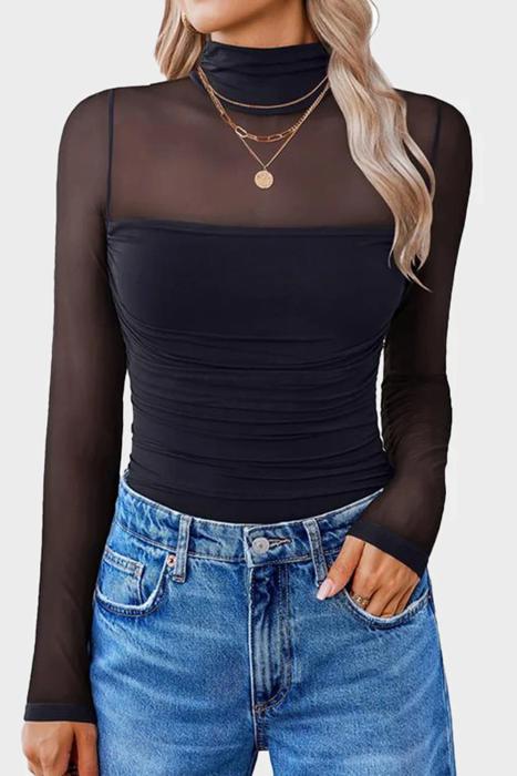 Sultry Sweet Mock Neck Mesh Top