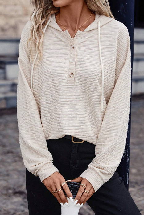 HIDDEN GEMS | Textured Half Buttoned Drawstring Hoodie
