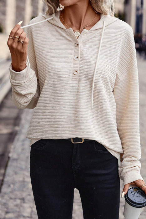 HIDDEN GEMS | Textured Half Buttoned Drawstring Hoodie