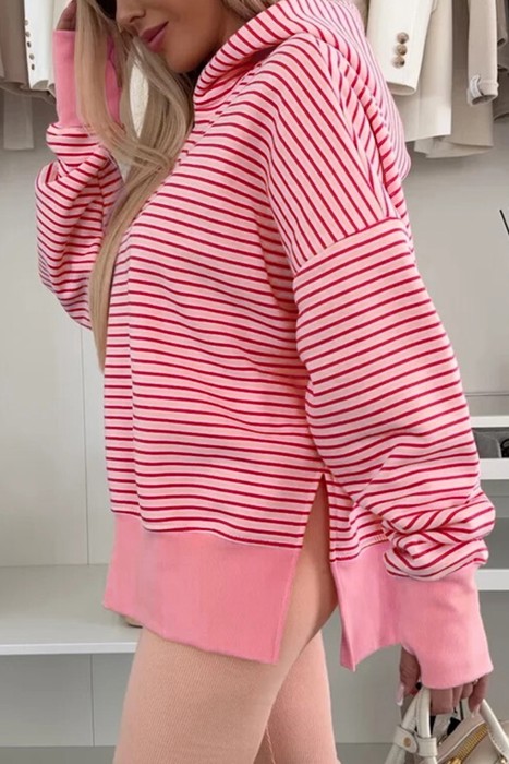 HIDDEN GEMS | Stripe Thumbhole Sleeve Side Slit Hoodie
