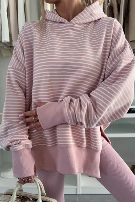 HIDDEN GEMS | Stripe Thumbhole Sleeve Side Slit Hoodie