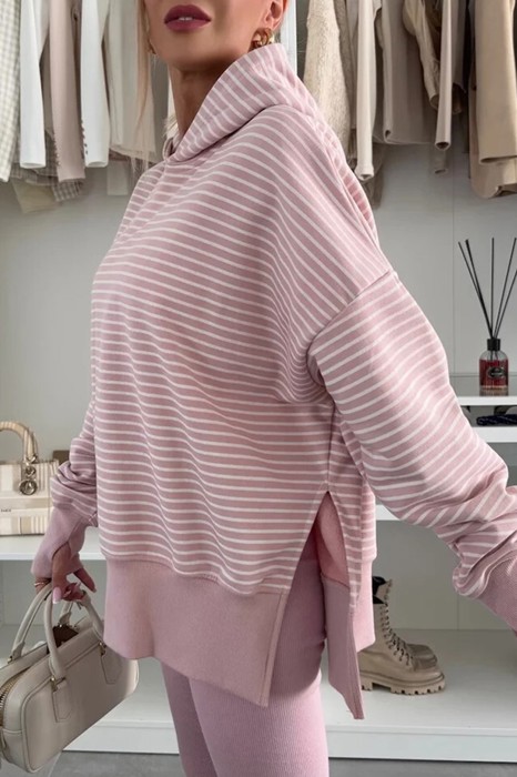 HIDDEN GEMS | Stripe Thumbhole Sleeve Side Slit Hoodie