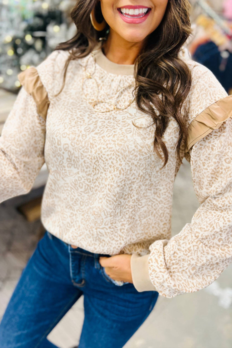 HIDDEN GEMS | Leopard Ruffle Ribbed Trim Sweatshirt