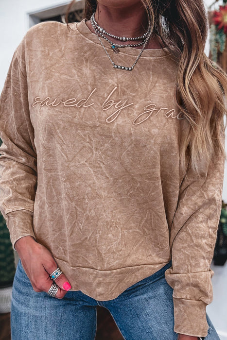 HIDDEN GEMS | Saved By Grace Embroidered Mineral Wash Sweatshirt