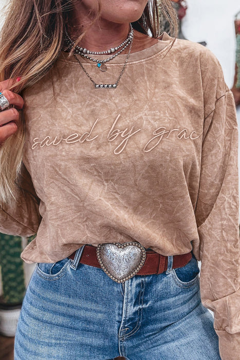 HIDDEN GEMS | Saved By Grace Embroidered Mineral Wash Sweatshirt