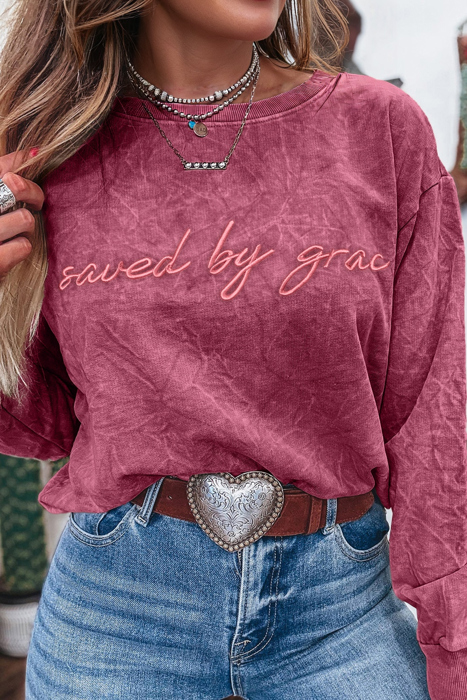 HIDDEN GEMS | Saved By Grace Embroidered Mineral Wash Sweatshirt