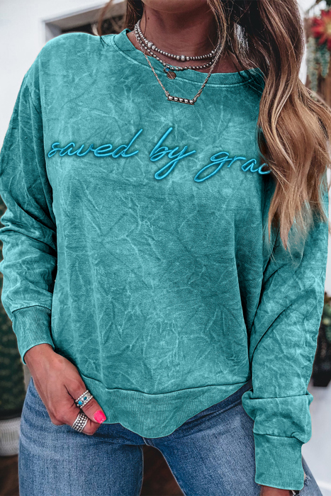 HIDDEN GEMS | Saved By Grace Embroidered Mineral Wash Sweatshirt