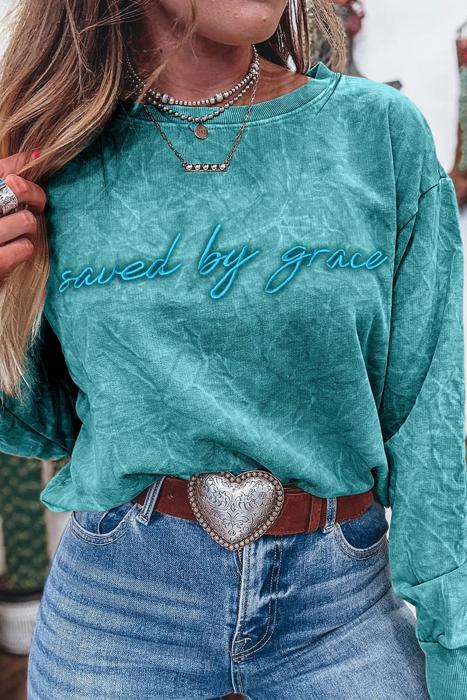 HIDDEN GEMS | Saved By Grace Embroidered Mineral Wash Sweatshirt