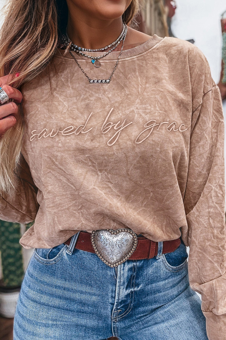 HIDDEN GEMS | Saved By Grace Embroidered Mineral Wash Sweatshirt