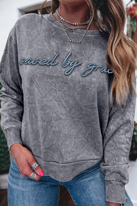 HIDDEN GEMS | Saved By Grace Embroidered Mineral Wash Sweatshirt