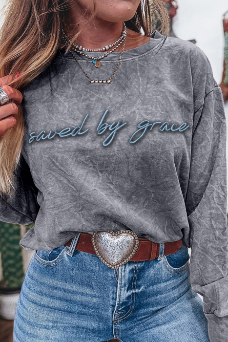 HIDDEN GEMS | Saved By Grace Embroidered Mineral Wash Sweatshirt
