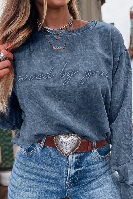 HIDDEN GEMS | Saved By Grace Embroidered Mineral Wash Sweatshirt