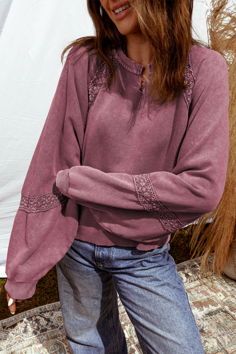HIDDEN GEMS | Lace Patchwork Mineral Wash Raglan Sweatshirt