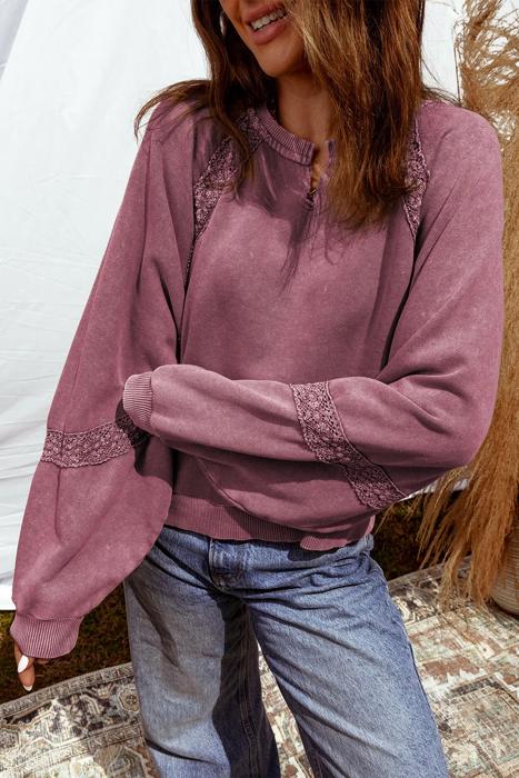 HIDDEN GEMS | Lace Patchwork Mineral Wash Raglan Sweatshirt