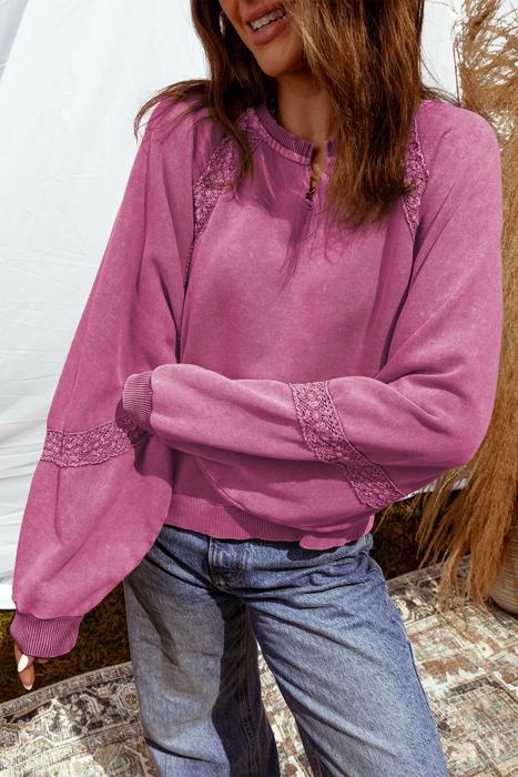HIDDEN GEMS | Lace Patchwork Mineral Wash Raglan Sweatshirt