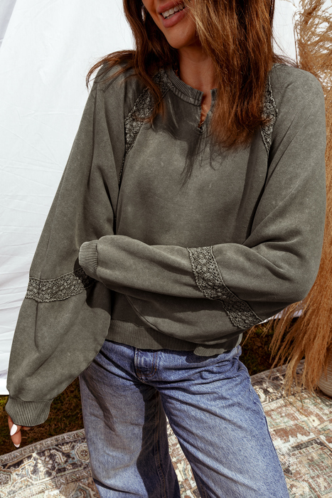 HIDDEN GEMS | Lace Patchwork Mineral Wash Raglan Sweatshirt