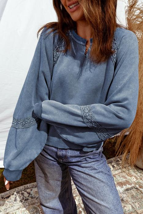 HIDDEN GEMS | Lace Patchwork Mineral Wash Raglan Sweatshirt
