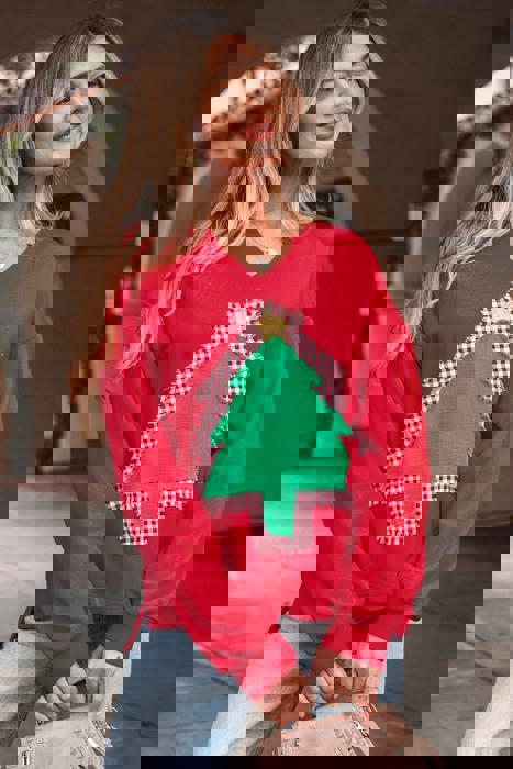 HIDDEN GEMS | Christmas Tree Plaid Patchwork Sweatshirt